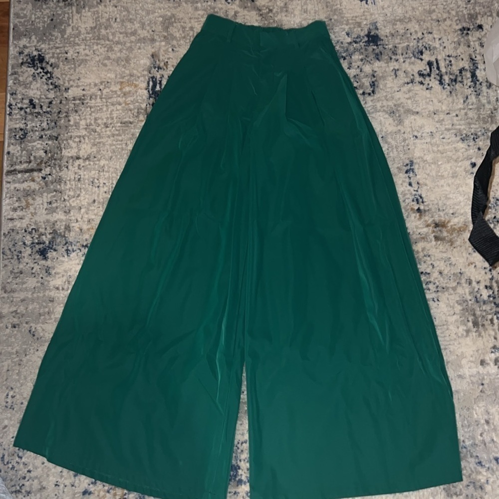 Mulla Holiday Green wide leg high rise PU cotton pleated pants‎ Sz S new